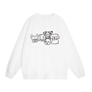 Cute Line Art Dog Head Illustration White Crew Neck Sweatshirt