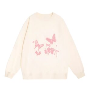Butterfly Print Off-White Crew Neck Sweatshirt
