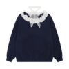 Navy Blue Sweatshirt with Off-Shoulder Lace Collar