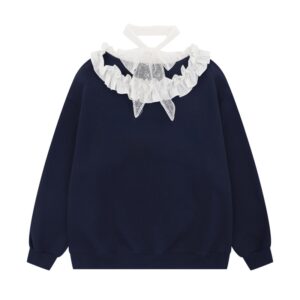 Navy Blue Sweatshirt with Off-Shoulder Lace Collar