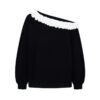 Black Off-Shoulder Sweatshirt with Lace Trim