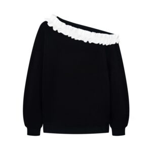 Black Off-Shoulder Sweatshirt with Lace Trim
